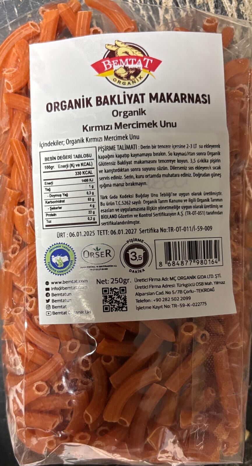 Bemtat Organik Kırmızı Mercimekli Makarna (Organic Red Lentil Pasta)