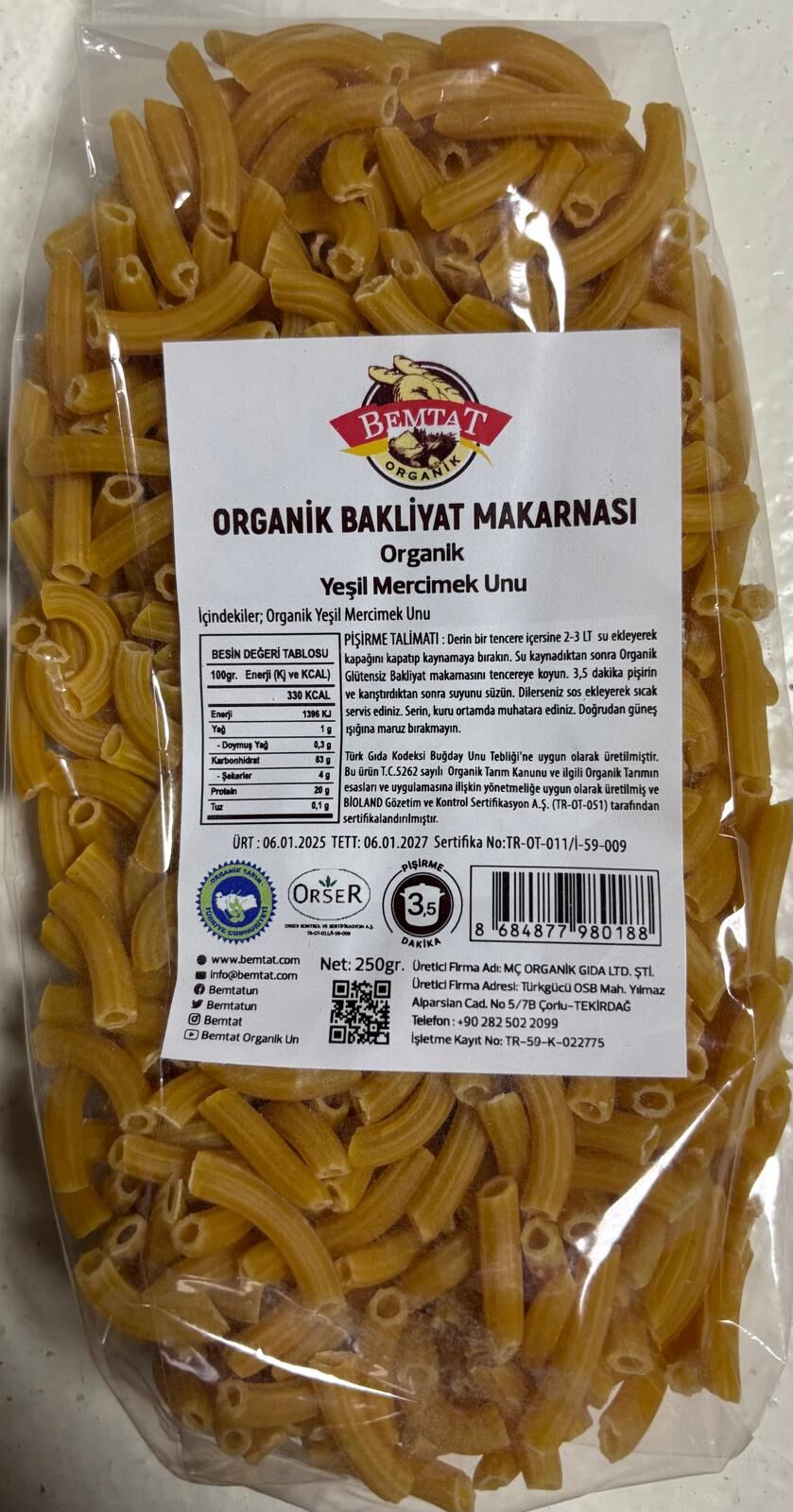 Bemtat Organik Yeşil Mercimekli Makarna (